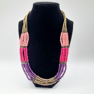 Colorful Multi-Strand Beaded Statement Necklace | Pink Purple Gold Boho